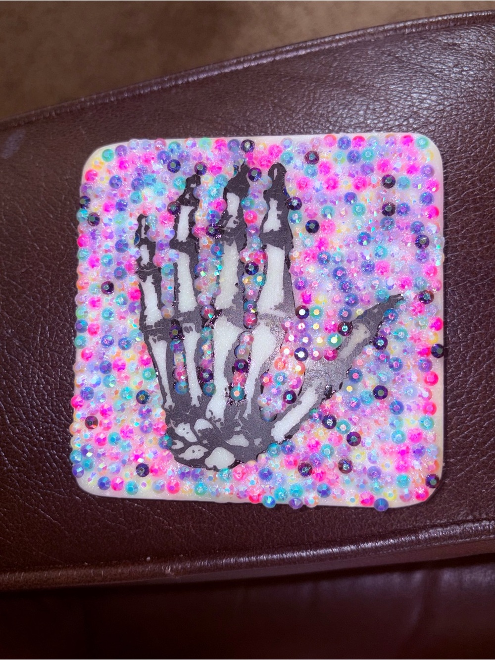 HandMade Ceramic Tile with Neon Sequin Skeleton Design - White